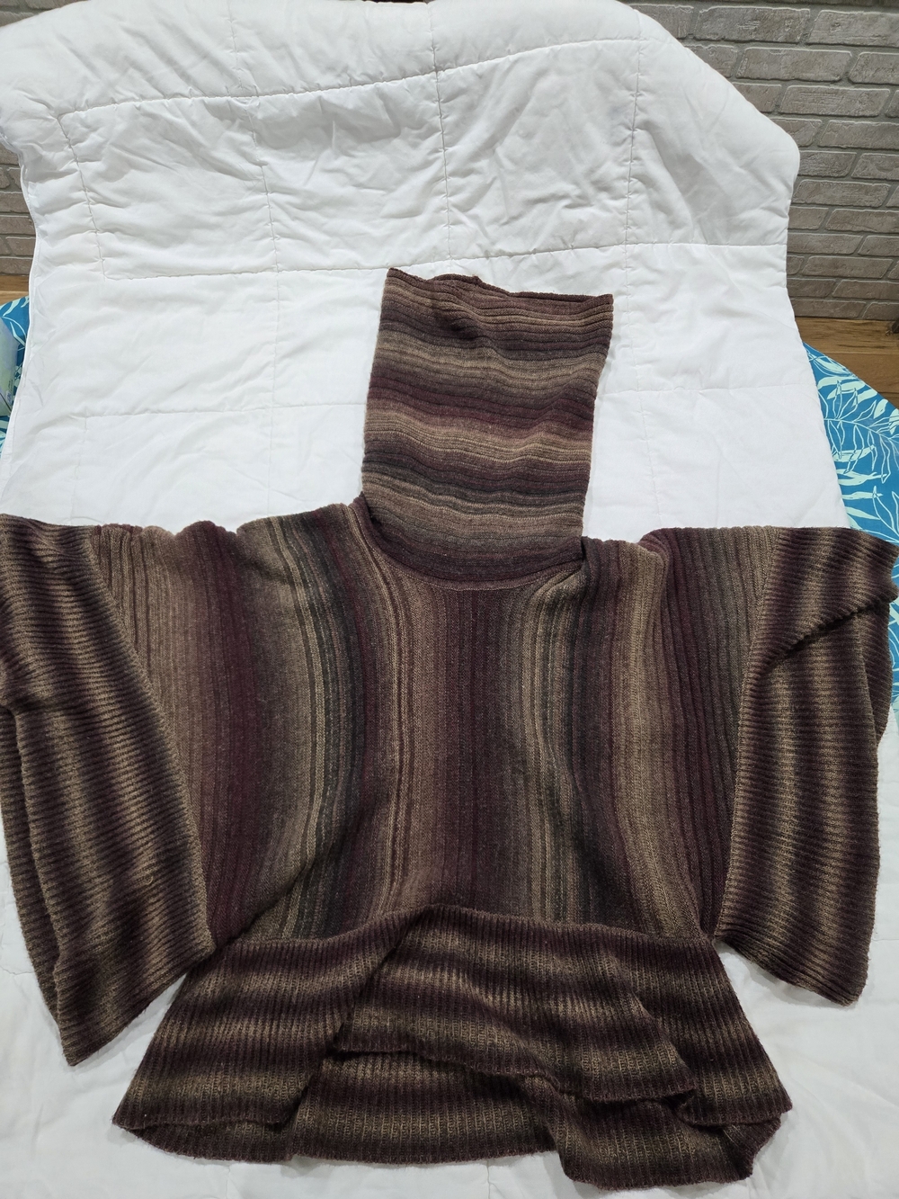 Striped Rib-Knit Hooded Poncho Sweater in Brown and Plum